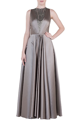 Brownish Grey Embroidered Gown by Trish by Trisha Datwani