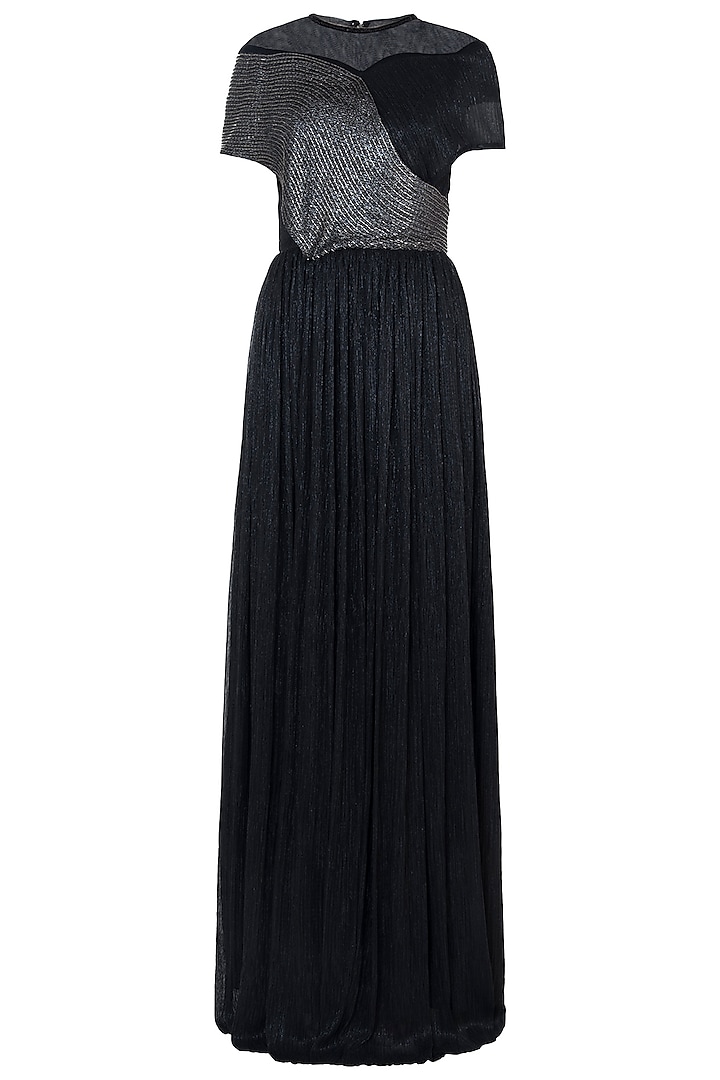 Black Embroidered Pleated Gown by Trish by Trisha Datwani