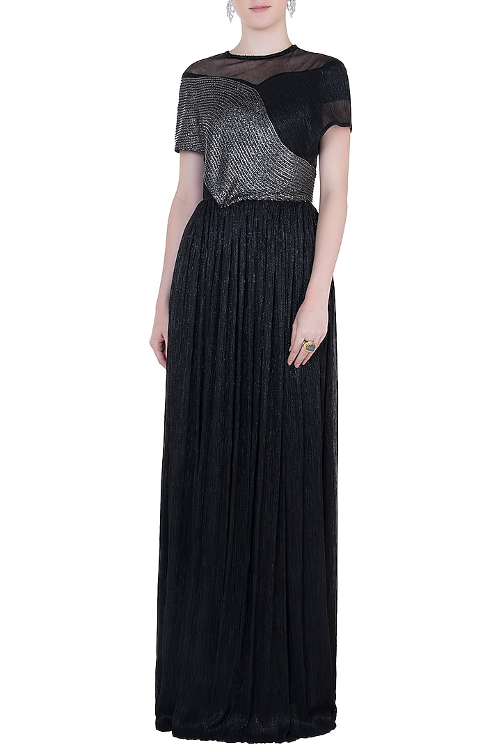 Black embroidered pleated gown available only at Pernia's Pop Up Shop.