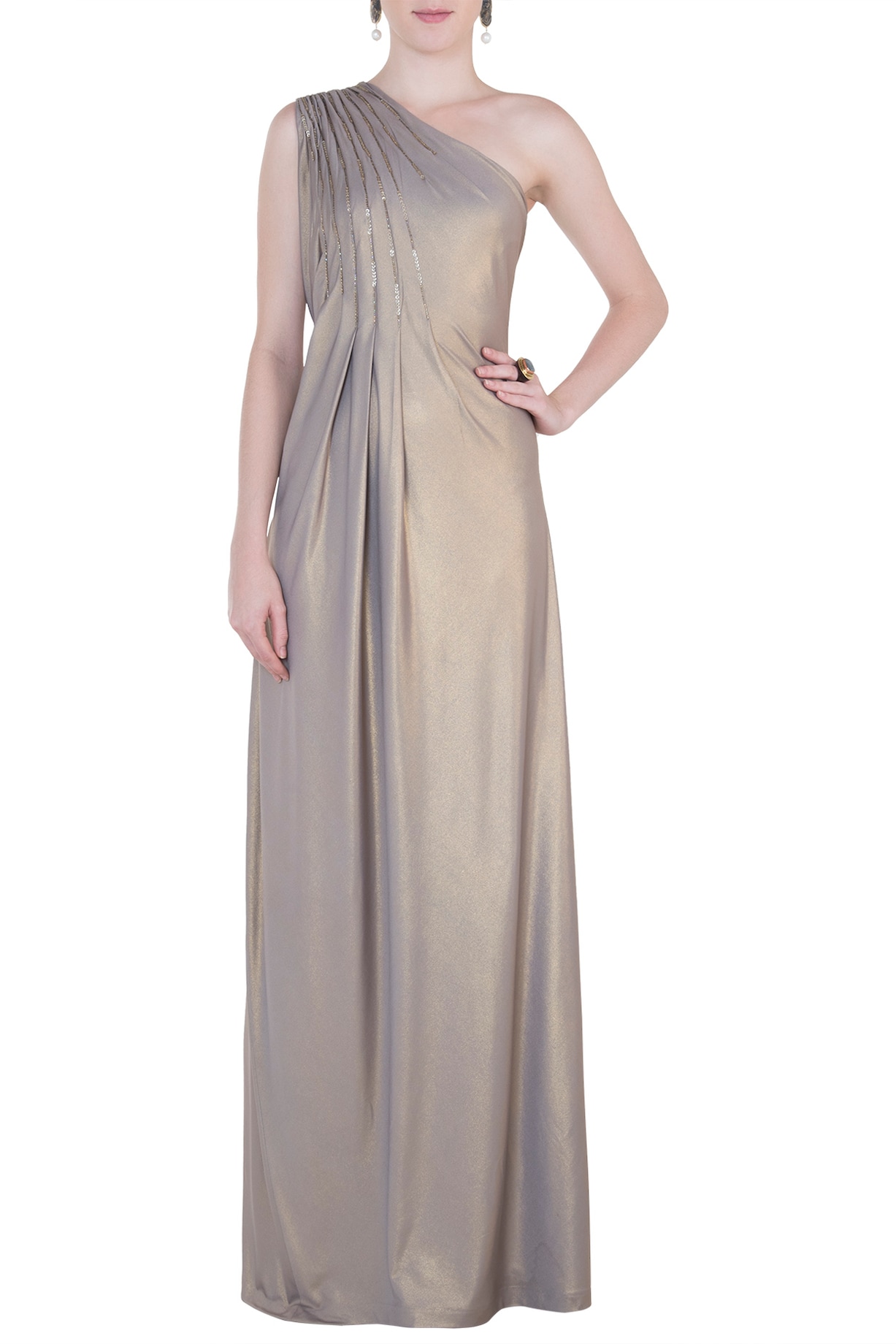 green emerald velvet dress Mac Duggal Embellished High Neck Short Sleeve Gown main image 1