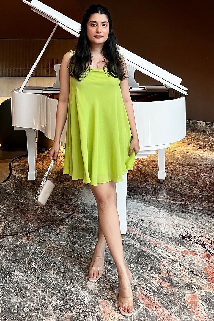 Citrus Green Georgette & Polyester Satin Dress by Dilnaz Karbhary
