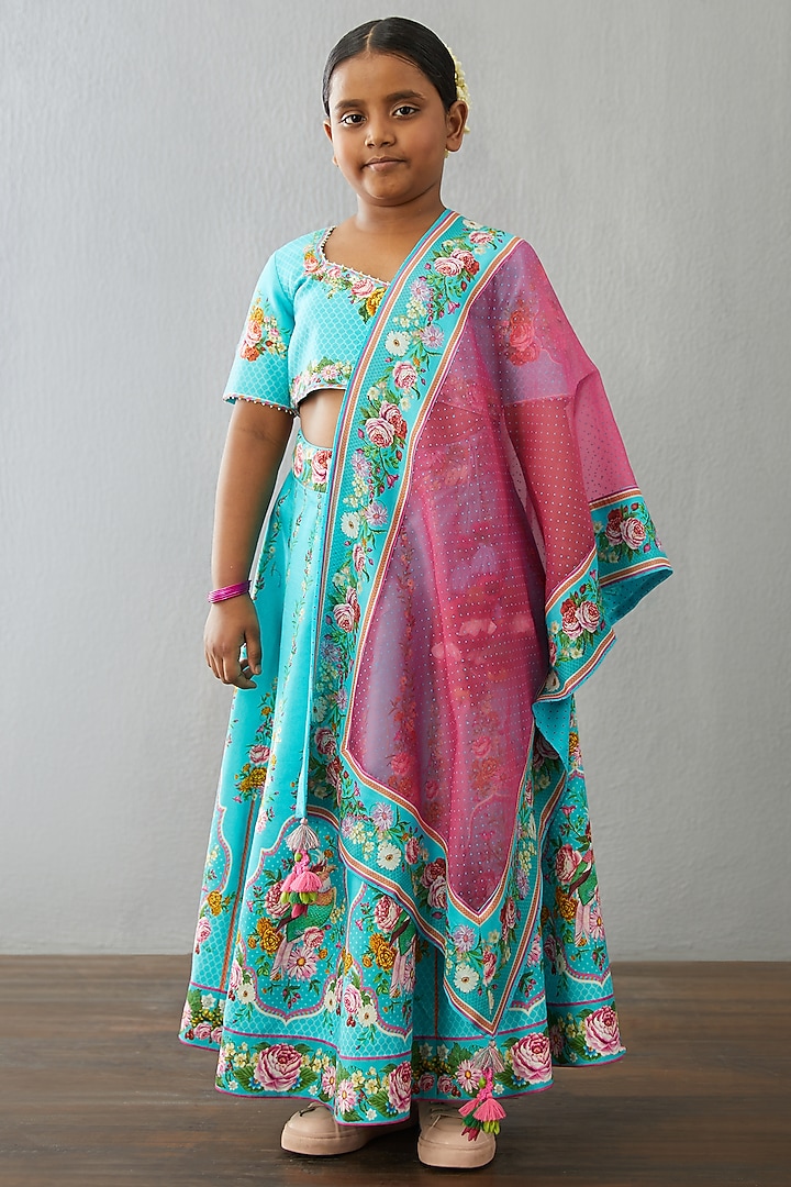 Neon Blue Chanderi Lehenga Set For Girls by Torani Kids at Pernia's Pop Up Shop