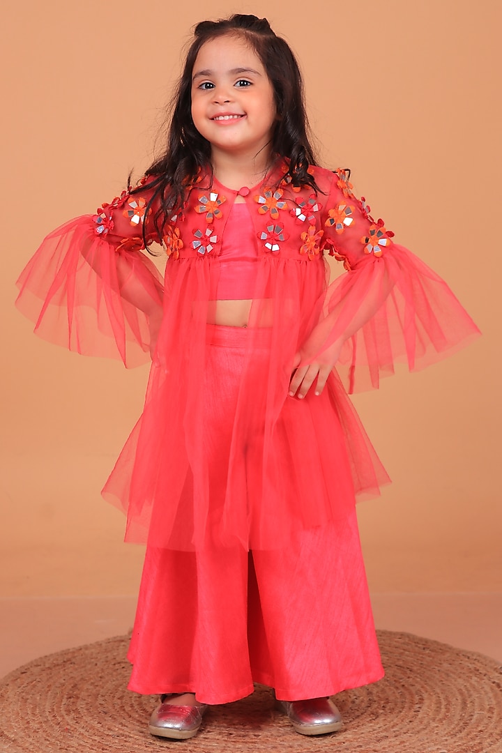 Hot Pink Dupion Silk & Camry Palazzo Pant Set For Girls by TURQIDZ