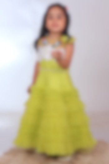 Yellow Dupion Silk & Net Embroidered Ruffled Dress For Girls by TURQIDZ at Pernia's Pop Up Shop