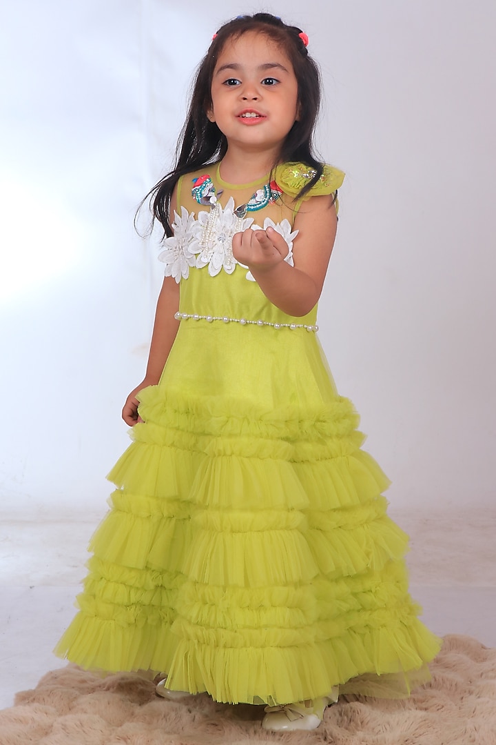 Yellow Dupion Silk & Net Embroidered Ruffled Dress For Girls by TURQIDZ at Pernia's Pop Up Shop