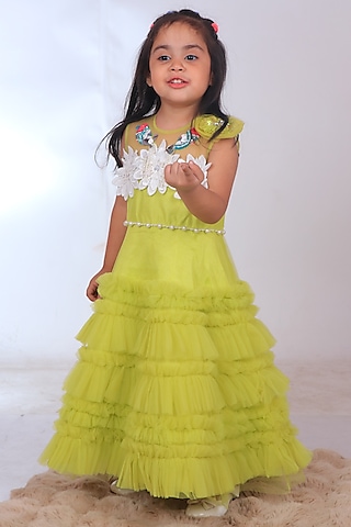 Yellow Dupion Silk & Net Embroidered Ruffled Dress For Girls by TURQIDZ