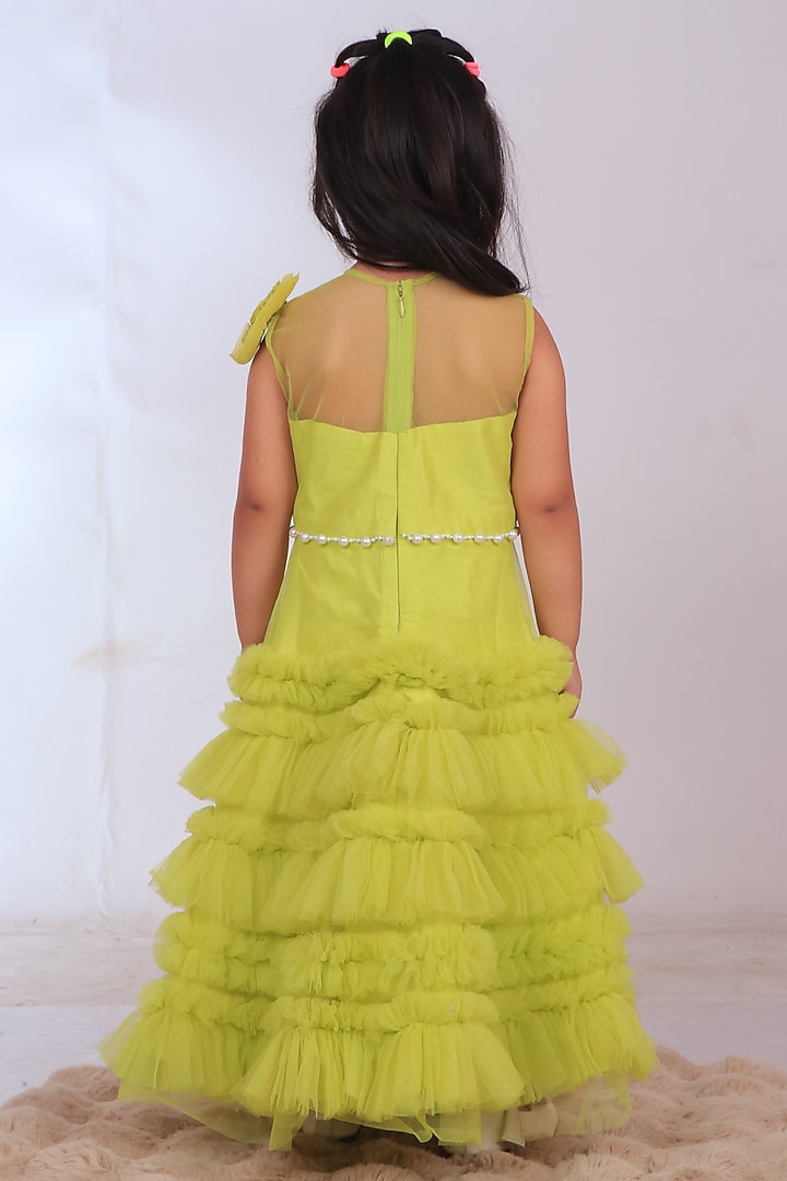 Yellow Dupion Silk & Net Embroidered Ruffled Dress For Girls by TURQIDZ at Pernia's Pop Up Shop