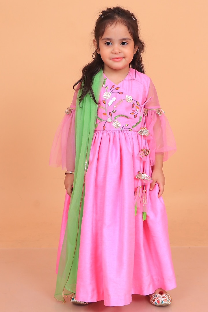 Pink Dupion Silk Embroidered Angrakha Anarkali Set For Girls by TURQIDZ at Pernia's Pop Up Shop