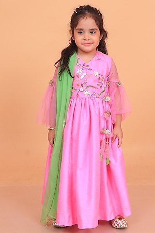 Pink Dupion Silk Embroidered Angrakha Anarkali Set For Girls by TURQIDZ