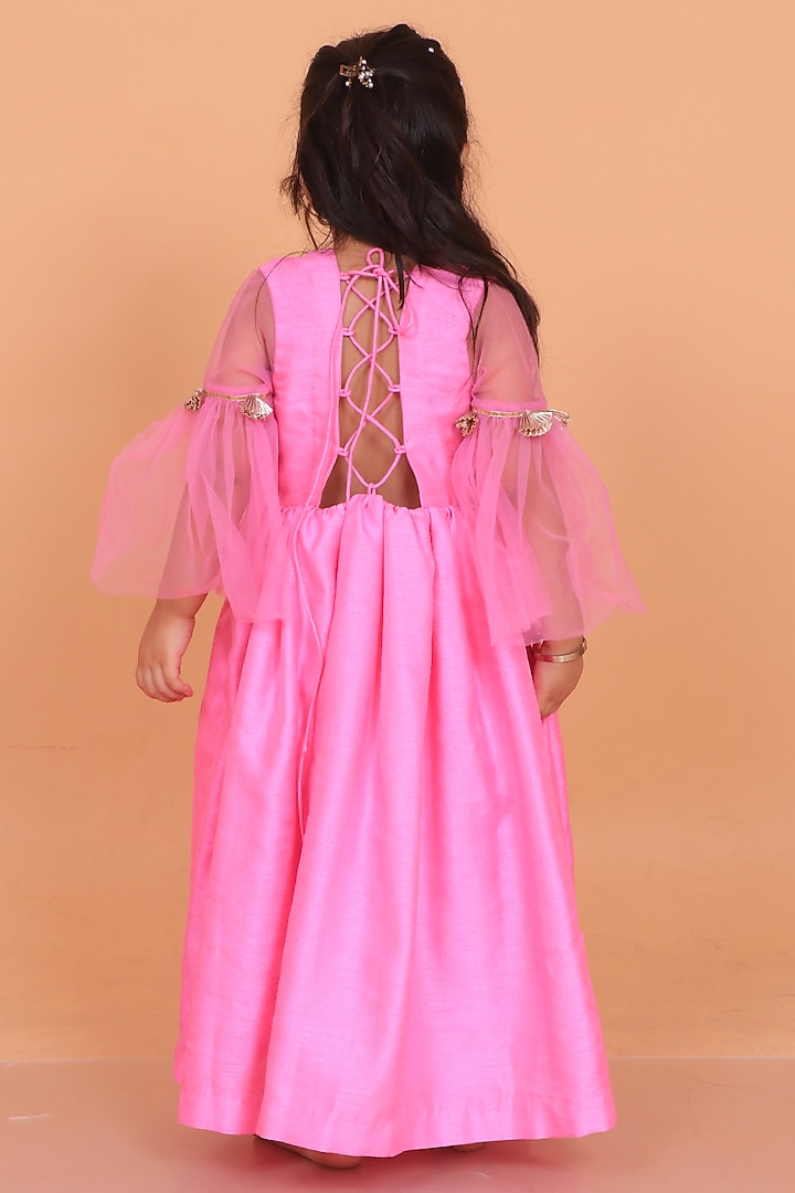 Pink Dupion Silk Embroidered Angrakha Anarkali Set For Girls by TURQIDZ at Pernia's Pop Up Shop