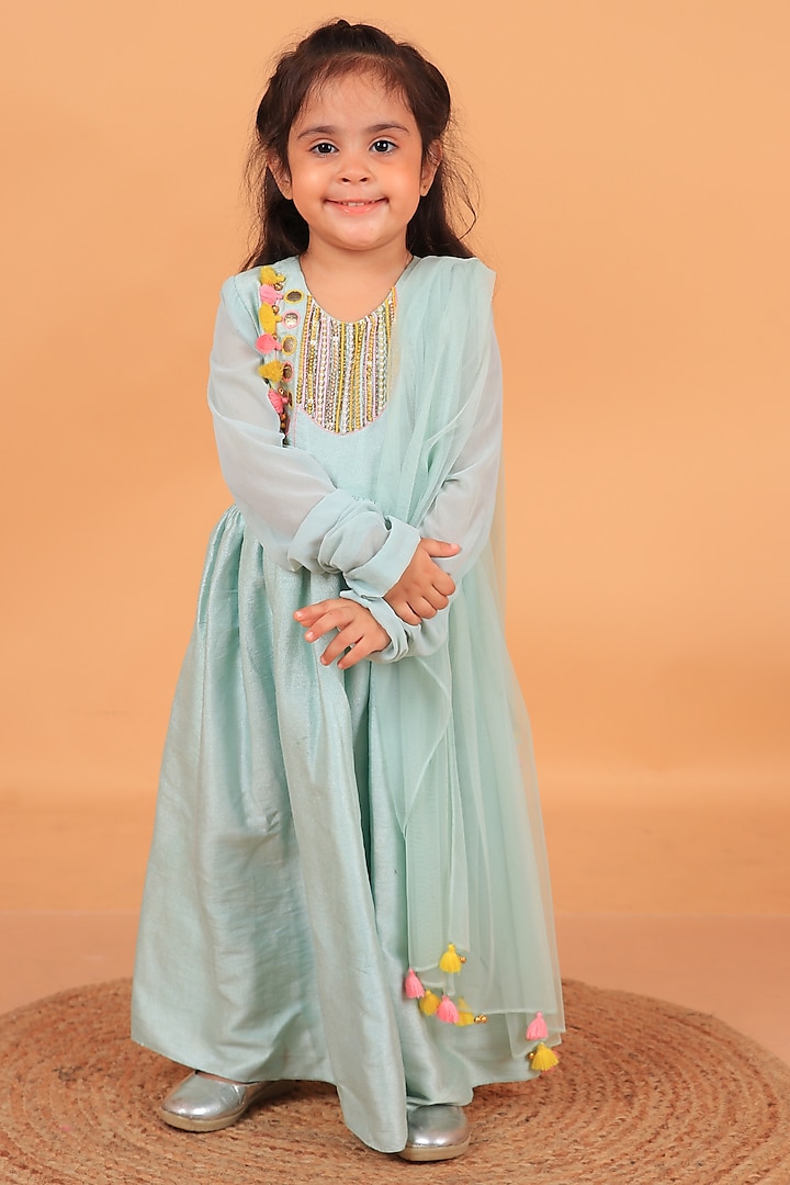 Sage Green Dupion Silk Anarkali Set For Girls by TURQIDZ at Pernia's Pop Up Shop