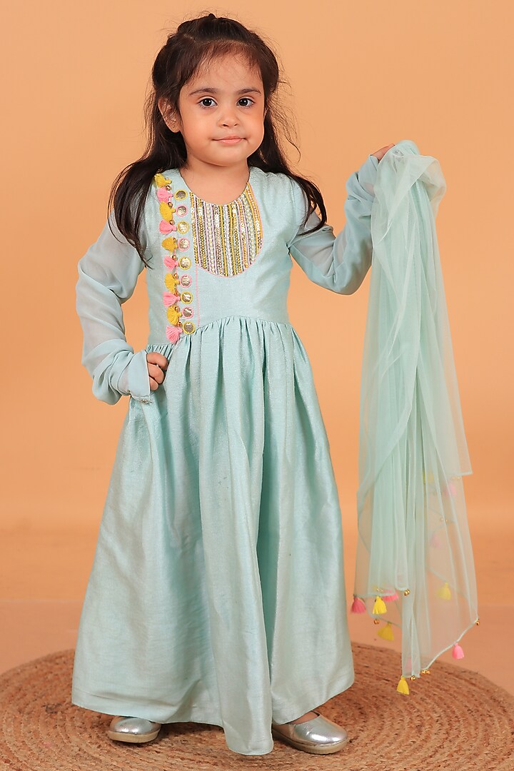 Sage Green Dupion Silk Anarkali Set For Girls by TURQIDZ at Pernia's Pop Up Shop