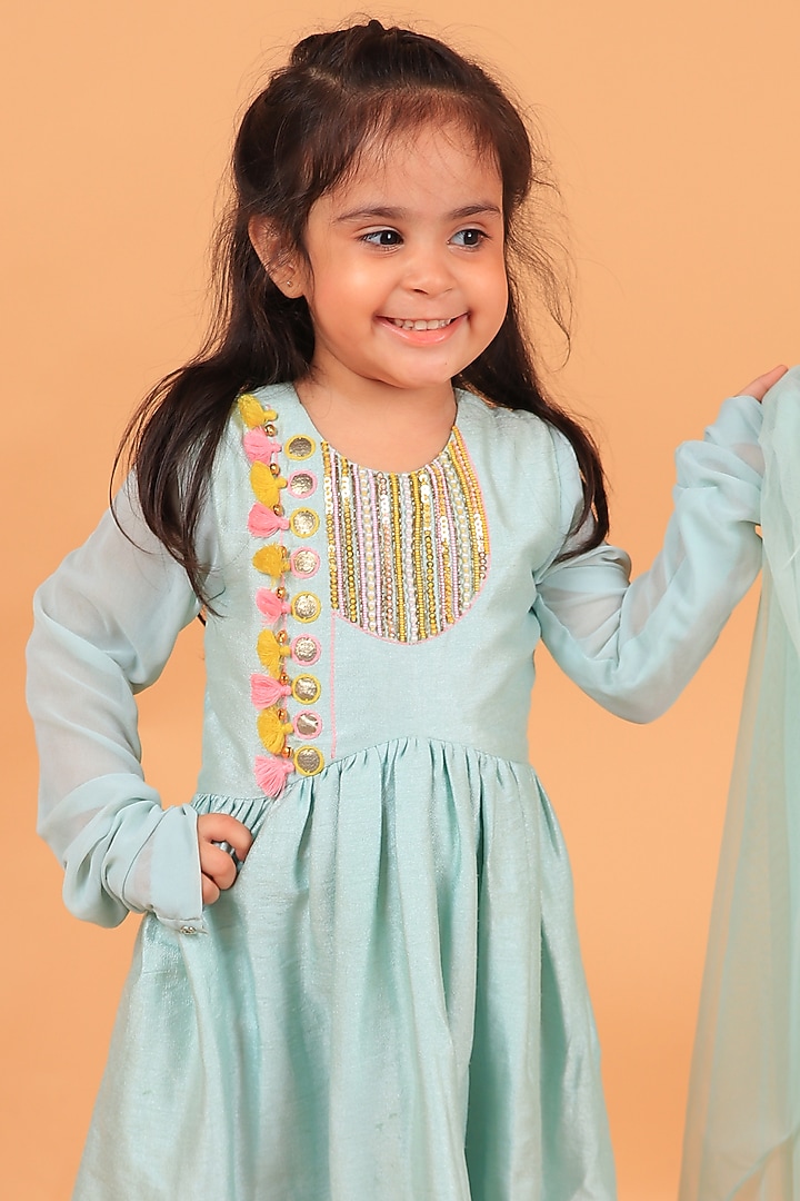 Sage Green Dupion Silk Anarkali Set For Girls by TURQIDZ at Pernia's Pop Up Shop