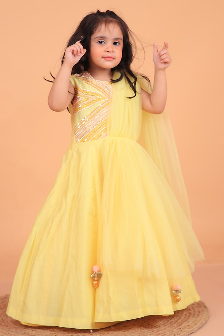 Yellow Chanderi Gown For Girls by TURQIDZ at Pernia's Pop Up Shop