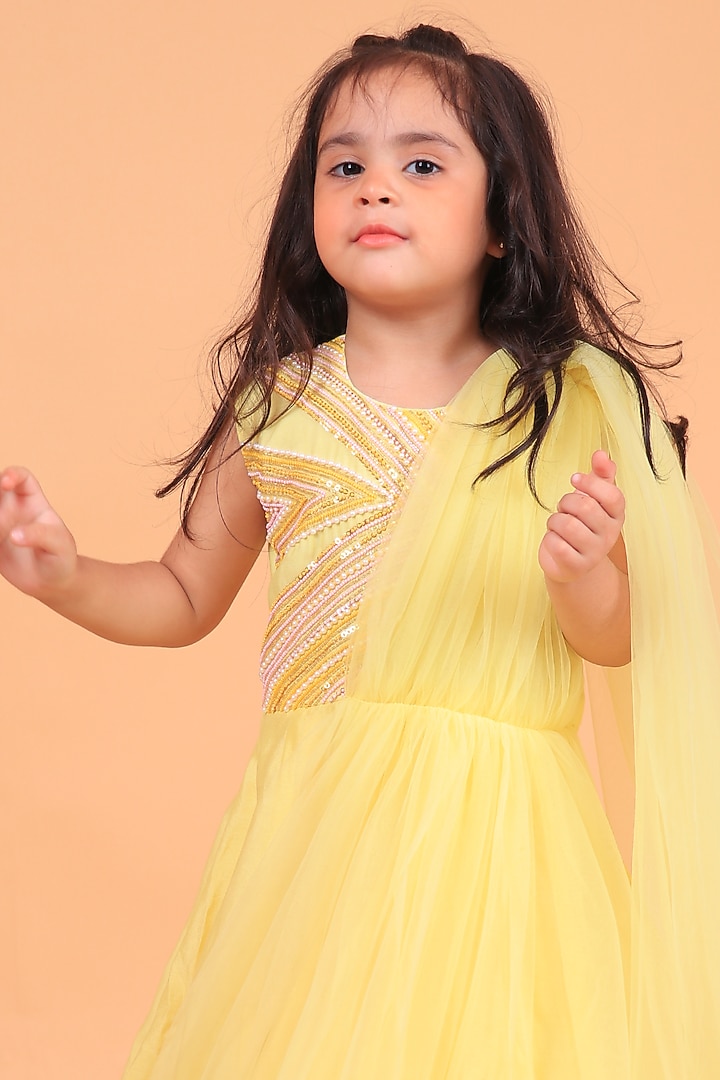 Yellow Chanderi Gown For Girls by TURQIDZ at Pernia's Pop Up Shop