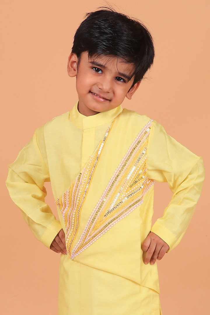 Yellow Chanderi Embroidered Kurta Set For Boys by TURQIDZ at Pernia's Pop Up Shop