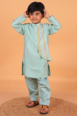 Sage Green Chanderi Embroidered Kurta Set For Boys by TURQIDZ