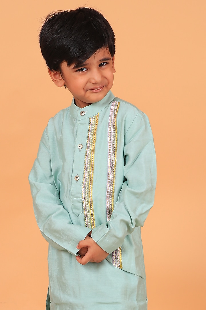 Sage Green Chanderi Embroidered Kurta Set For Boys by TURQIDZ at Pernia's Pop Up Shop