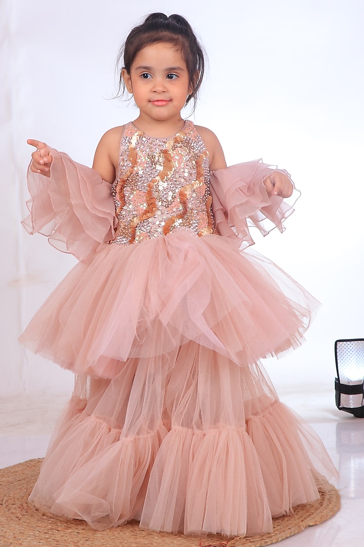 Champagne Embroidered Flared Gown For Girls by TURQIDZ at Pernia's Pop Up Shop