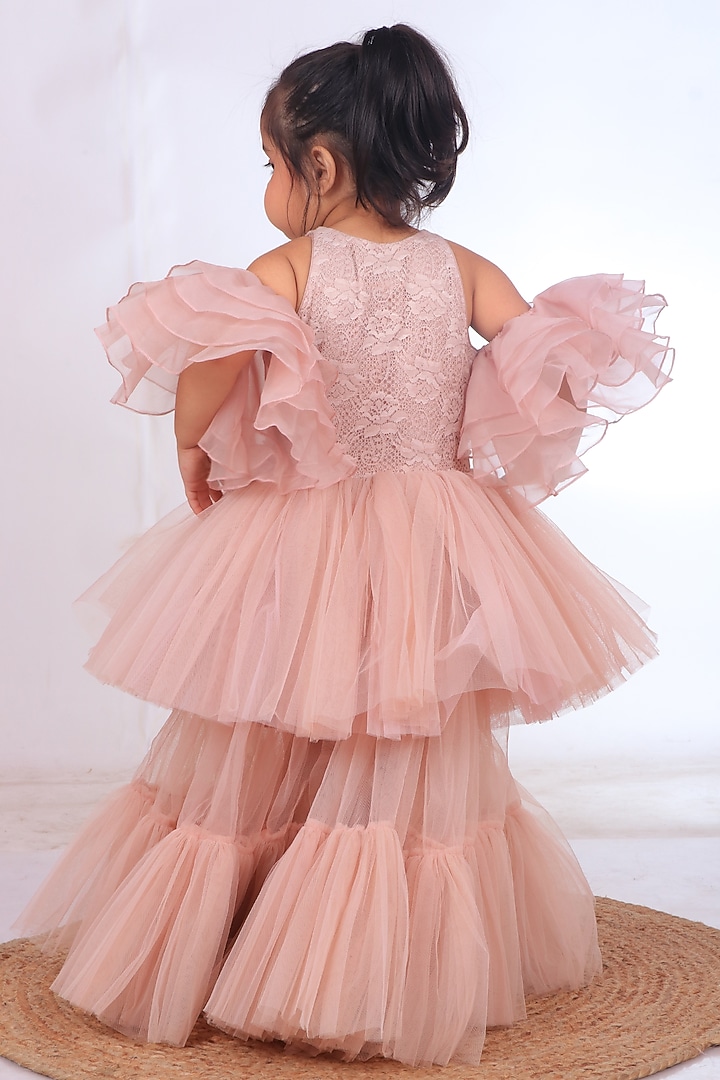 Champagne Embroidered Flared Gown For Girls by TURQIDZ at Pernia's Pop Up Shop