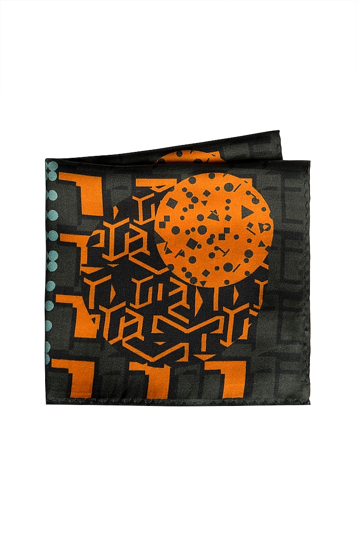 Grey & Orange Printed Pocket Square by Trosta