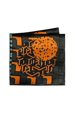 Grey & Orange Printed Pocket Square by Trosta