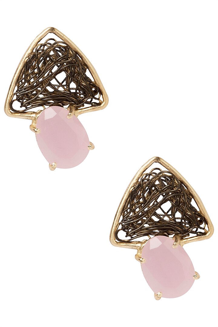 Gold Plated Antique Semi Precious and Pearl Studded Earrings by Tarusa