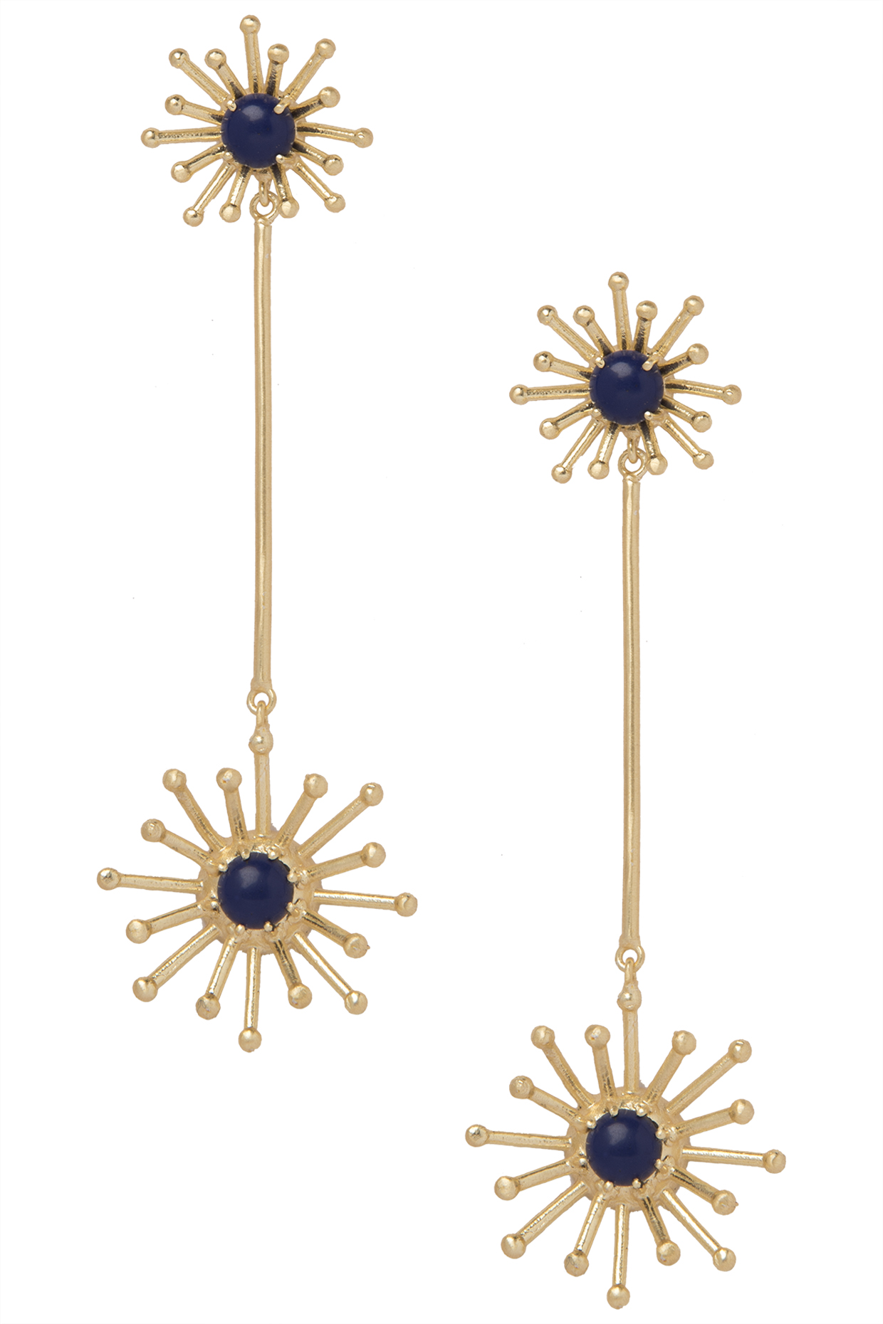 Gold Plated Long Blue Semi Precious Studded Earrings by Tarusa