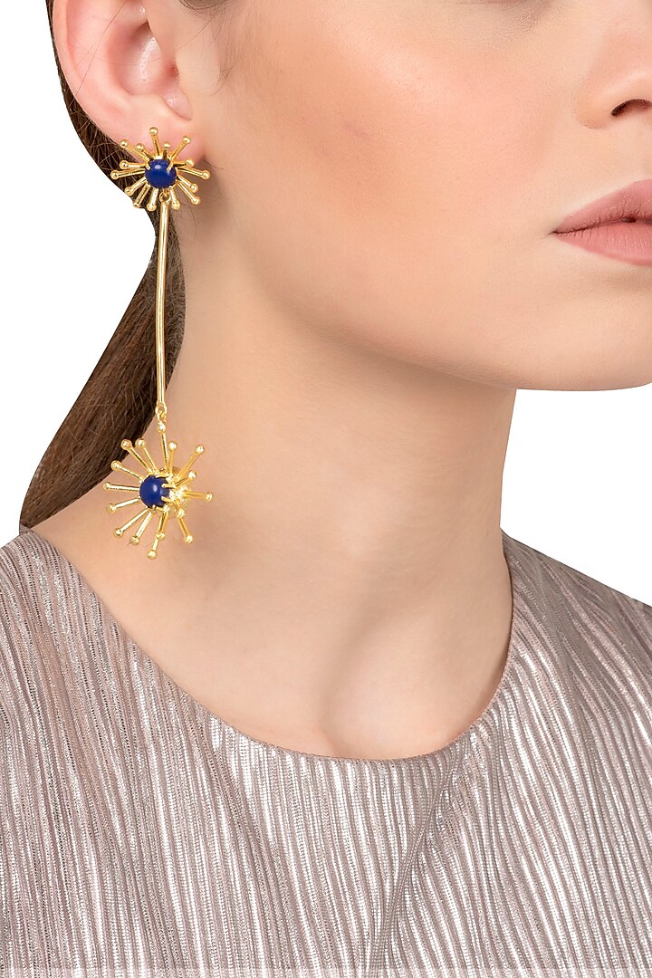 Gold Plated Long Blue Semi Precious Studded Earrings by Tarusa