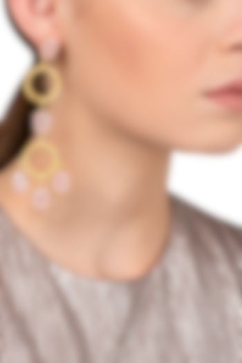 Gold Plated Long Pink Studded Earrings by Tarusa