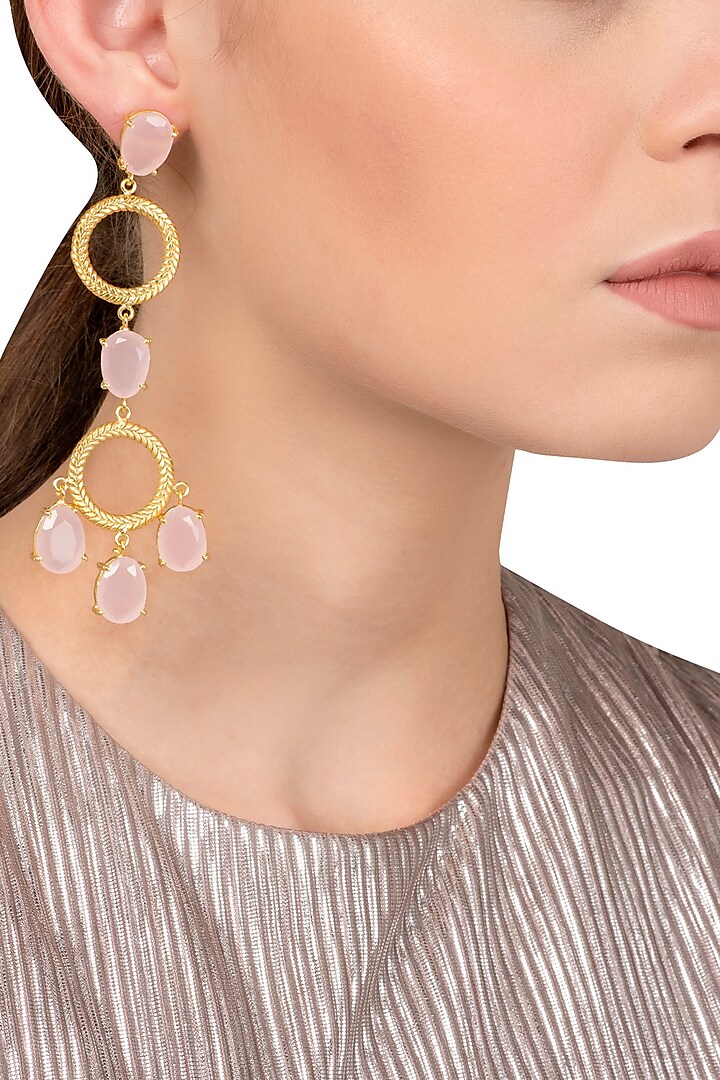 Gold Plated Long Pink Studded Earrings by Tarusa