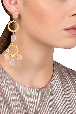 Gold Plated Long Pink Studded Earrings by Tarusa