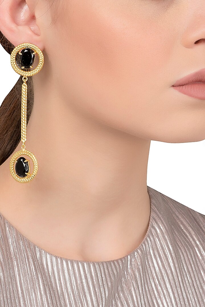 Gold Plated Black Semi Precious Stone Studded Earrings by Tarusa