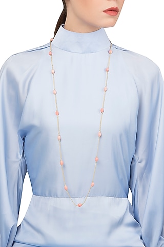 Gold Plated Long Pink Coral Neck Chain by Tarusa