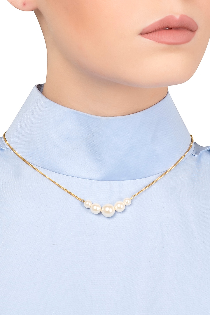 Gold Plated White Pearl String Necklace by Tarusa