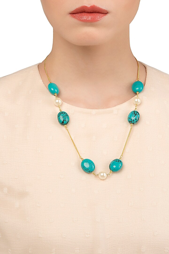 Gold Plated String Turquiose and Semi Precious Stones Necklace by Tarusa