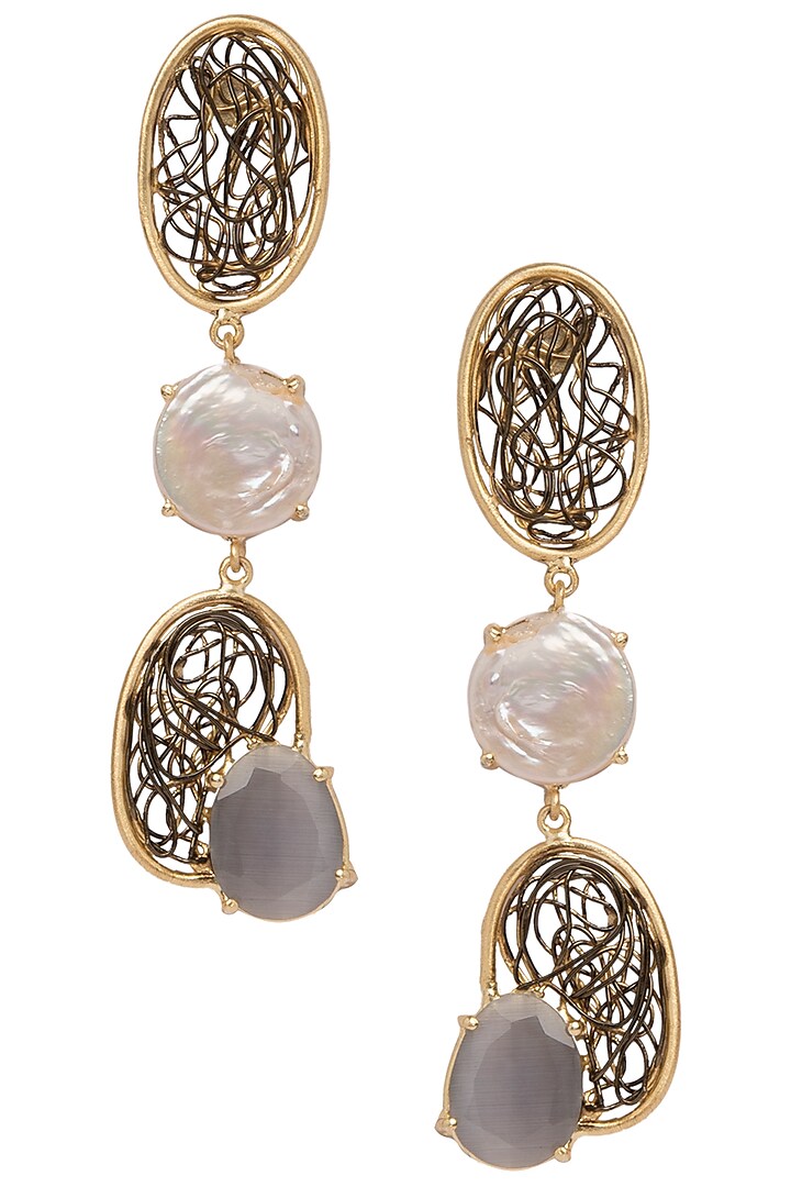 Gold Plated Black and White Semi Precious and Pearl Earrings by Tarusa