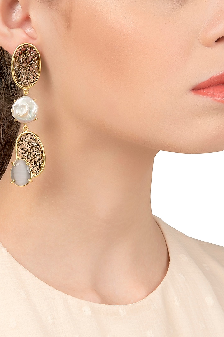 Gold Plated Black and White Semi Precious and Pearl Earrings by Tarusa