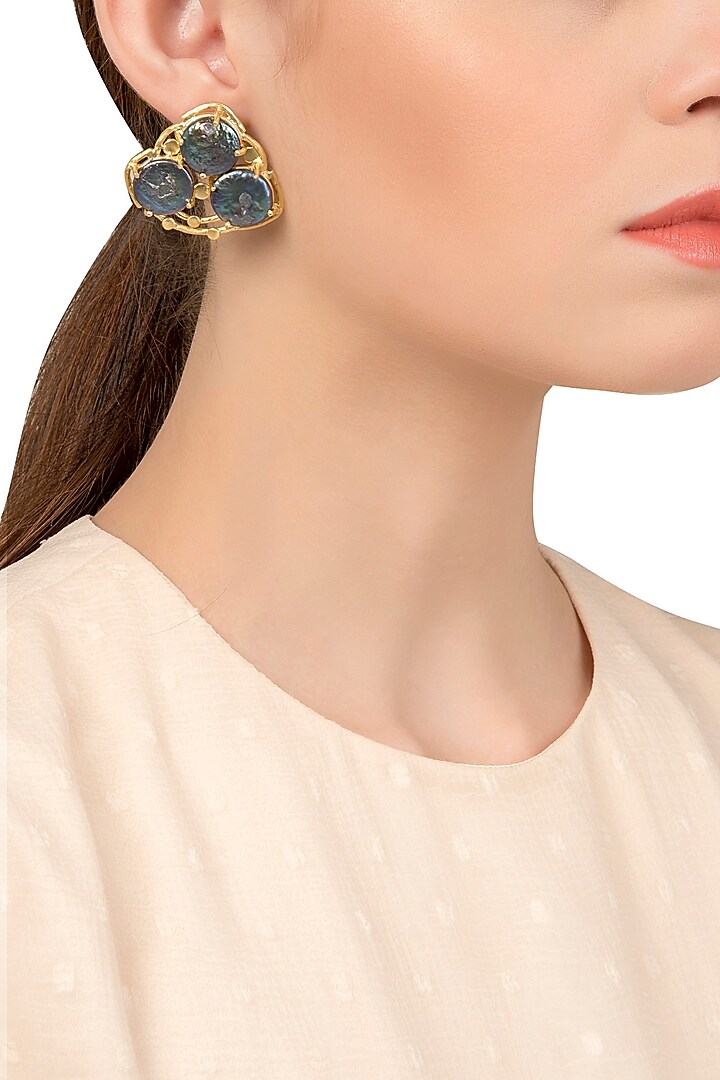 Gold Plated Black Stone Studded Earrings by Tarusa