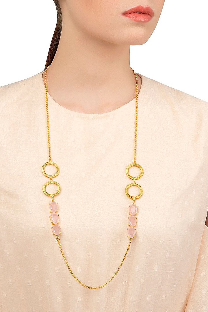 Gold Plated Pastel Pink Semi Precious Stones Necklace by Tarusa