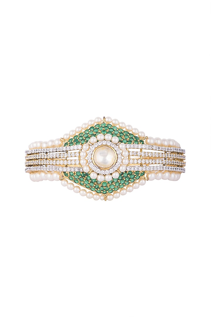 White & Gold Finish Cubic Zirconia, Green CZ & Pearl Bracelet by Tsara