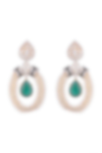 White & Gold Finish Cubic Zirconia, Pearl & Cut Emerald Earrings by Tsara