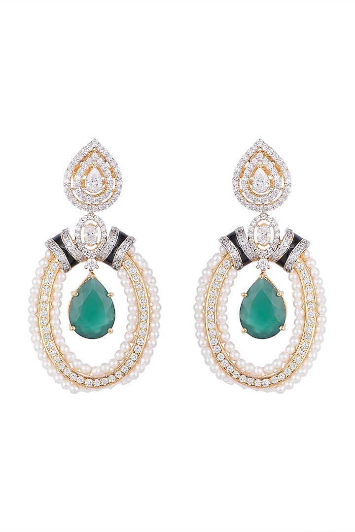 White & Gold Finish Cubic Zirconia, Pearl & Cut Emerald Earrings by Tsara