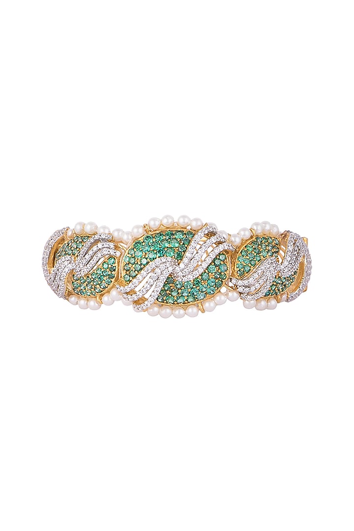 White & Gold Finish Cubic Zirconia, Green CZ & Baby Pearl Bracelet by Tsara