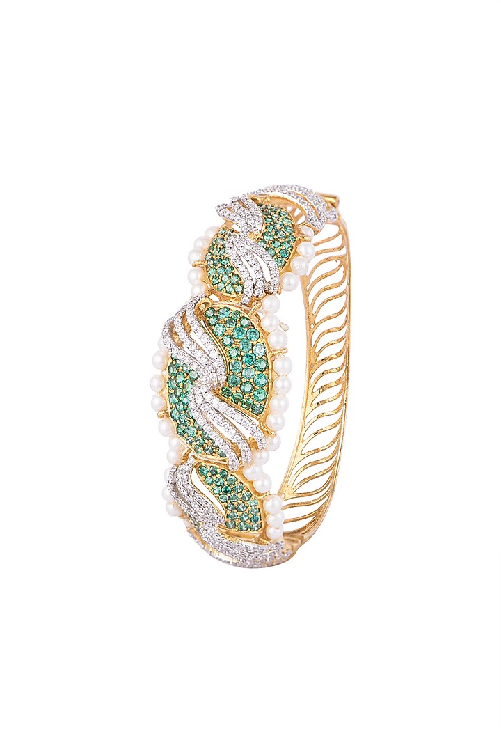 White & Gold Finish Cubic Zirconia, Green CZ & Baby Pearl Bracelet by Tsara at Pernia's Pop Up Shop