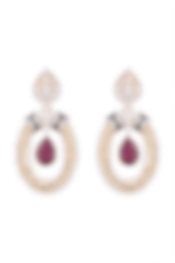 White & Gold Finish Cubic Zirconia, Ruby & Pearl Earrings by Tsara