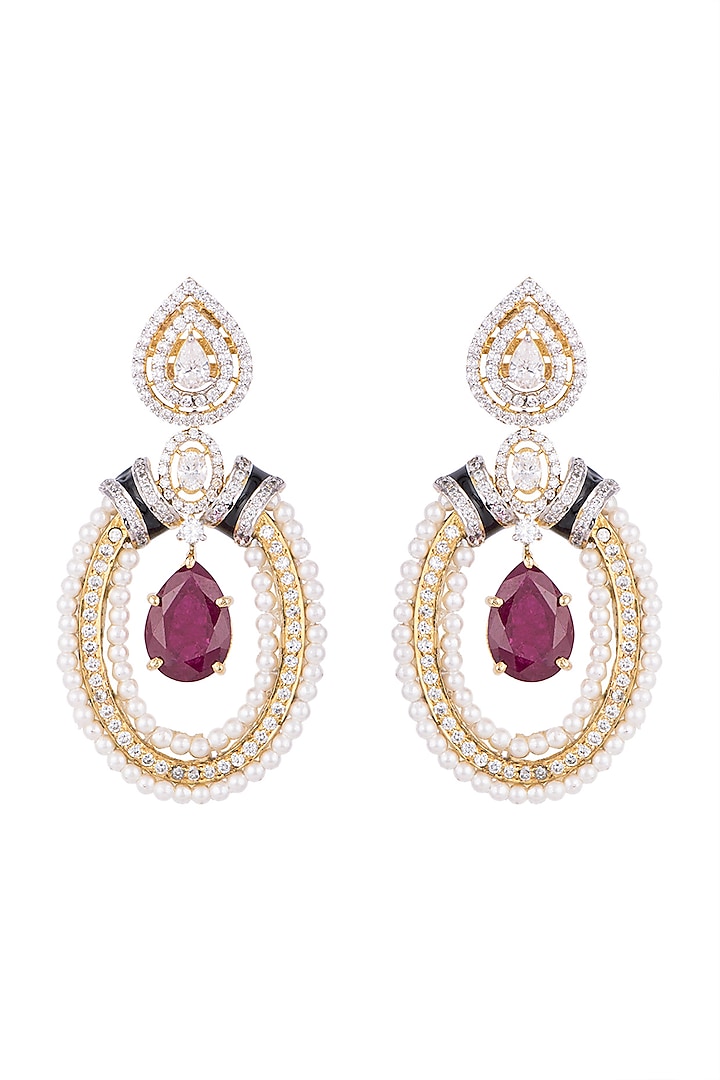 White & Gold Finish Cubic Zirconia, Ruby & Pearl Earrings by Tsara