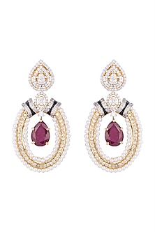 White & Gold Finish Cubic Zirconia, Ruby & Pearl Earrings Design by ...