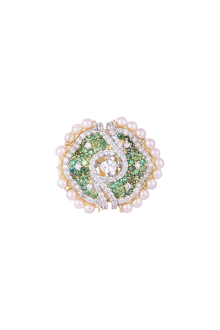White & Gold Finish Cubic Zirconia, Ruby & Pearl Ring by Tsara