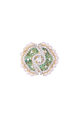 White & Gold Finish Cubic Zirconia, Ruby & Pearl Ring by Tsara